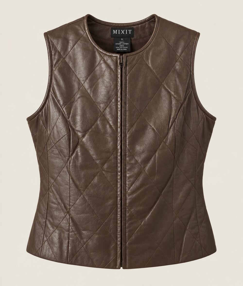 Vintage Y2K MIXIT Chocolate Brown Quilted Leather Zip Vest Size 10